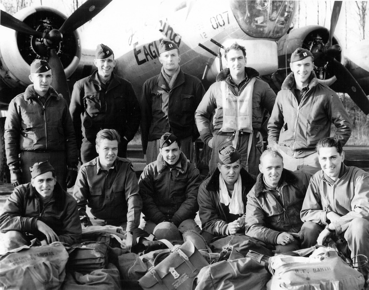30 October 1944 Gelsenkirchen (primary); bombed Hamm (secondary)
Back Row L-R: 1st Lt. Emil Pluhar (OBS/TG), Capt. Robert Chapin (1st N), Capt. Charles Bishop (P), Lt. Col. Theodore Milton (AC/CP), Capt. Richard Crown (B)
Front Row L-R: Lavern Harfman (TT), 2nd Lt. Richard Potter (2nd N), 1st Lt. Joseph Sarto (MO), James Carter (FG), Robert Guider (FG), Raymond Barth (RO)
44-8007 JD*Z Screaming Eagle; Disp 20
Source: The Quentin Bland Collection. ltcolmitloncaptbishop001a.jpg