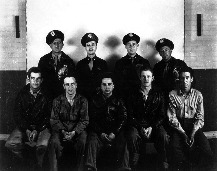 Back L-R: Howard Burgoon (P), Tom Hunt (B), Victor Kress (CP), 2LT David Wilmot (N),
Front L-R: Edward Peckham (TT), George Ashworth (WG), William Aguiar (BT), Henry Ullmer (TG), Roland Jenkins (WG), Not pictured is SSGT Harold McFarland (RO).
F/O Howard C Burgoon (P)
2LT Victor C Kress (CP)
2LT David Wilmot (N)
SSGT Edward L Peckham (TT)
SSGT Roland H Jenkins (WG)
SSGT Harold S McFarland (RO)
SSGT William Aguiar (BT)
SSGT Henry J Ullmer (TG)
SSGT George Ashworth (WG)
Above verified with Gowen SO # 70, 11 March 1943
Shot down on 26 June 1943 mission to Villacoublay, France. SGT Costello substituted for Ashworth on 26 June 1943.
Photo courtesy of Henry Ullmer, updated by Marc Poole, 2014.
Original Site Crew Photos
burgoon.jpg
