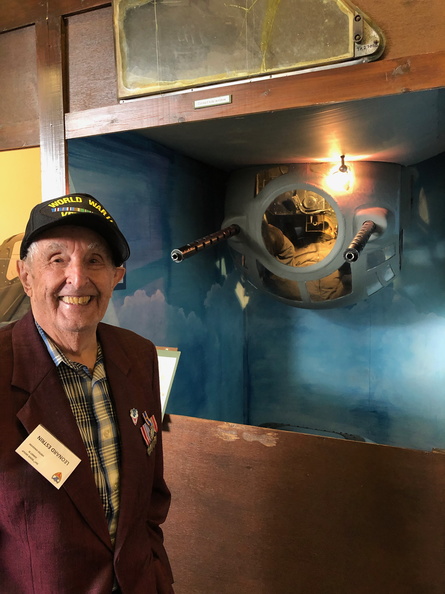384th ball turret gunner Len Estrin poses with a display of a ball turret at the 100th Bomb Group museum at the group's former airfield in Thorpe Abbotts.
Photo contributed by Paul Furiga. IMG_5725.jpg