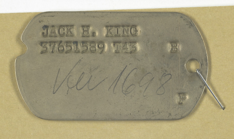 Jack H. King was assigned as a Flexible Gunner on the Robert A. Green crew.
POW on 29 April while flying with James A Bouvier as Crew Pilot. Bouvier was originally assigned as Co-Pilot on the Gerald Heim Crew. Jack H. King, ID Tag.jpg